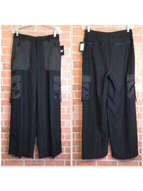 DKNY Black Satin Wide Leg Cargo Pants Zipper Pockets Size 10 NWT